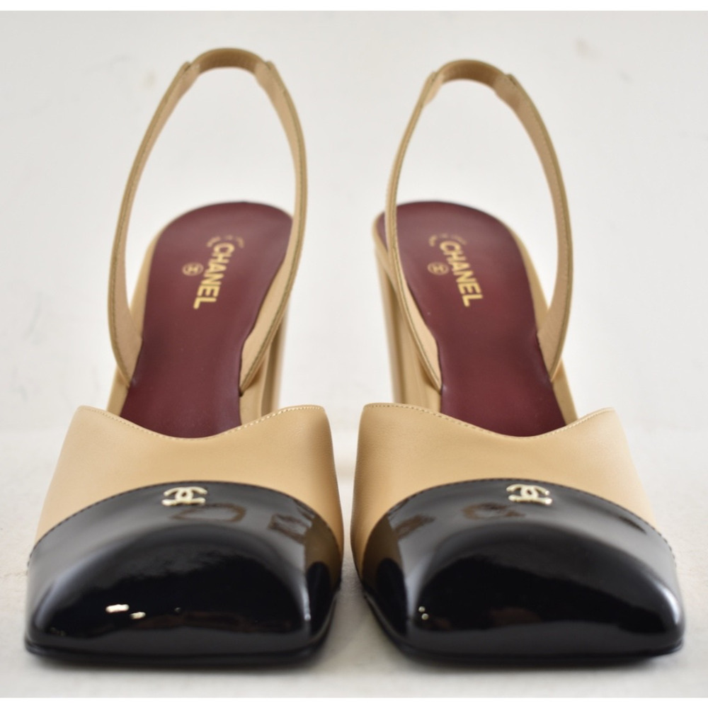 Chanel 26S Blazy Beige Black Square Toe Sling CC Slingback Block Heel Pump 38.5 - Picture 9 of 16